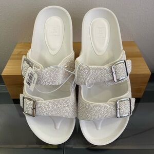 David's Bridal White Sandals with Silver Buckles